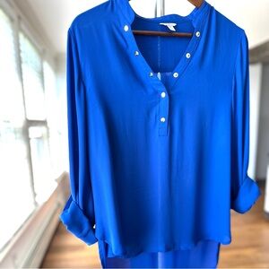 Guess Royal Blue Blouse with v-neck, roll tab sleeves, loose & flowy